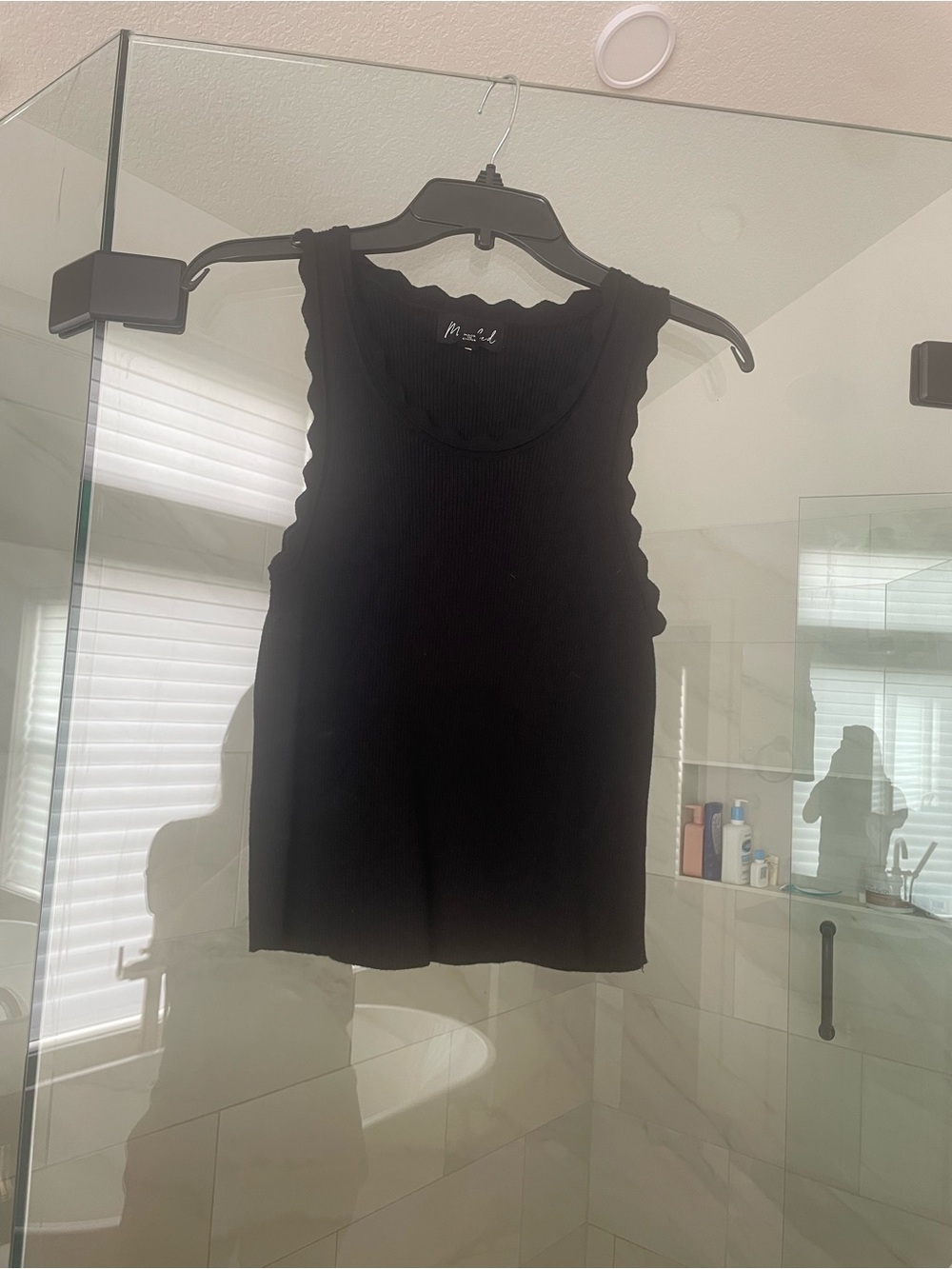 Marled Black Ribbed Scallop-Edge Tank Top